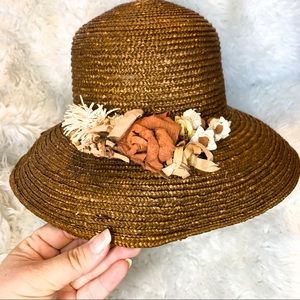 Women’s 100% Wheat Straw Lampshade Hat Flowers Floral Brown Cottagecore Fall